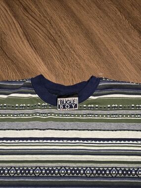 Bugle Boy Men's Olive Green & Navy Striped Short Sleeve Tee